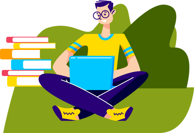 Man with laptop studying outdoors  일러스트레이션