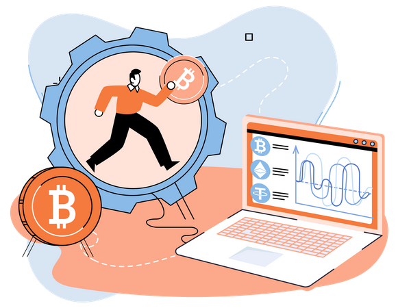 Man with laptop working in bitcoin mine Illustration
