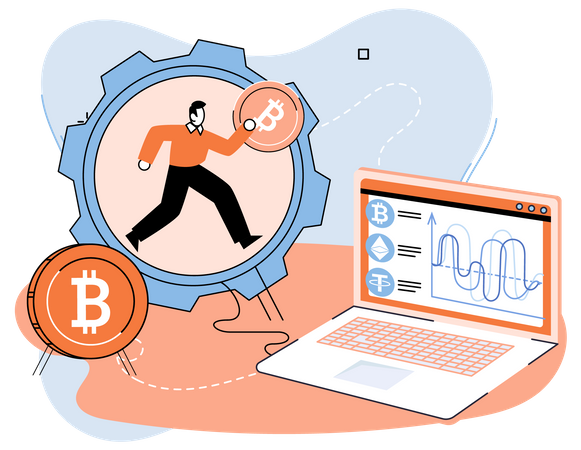 Man with laptop working in bitcoin mine  Illustration