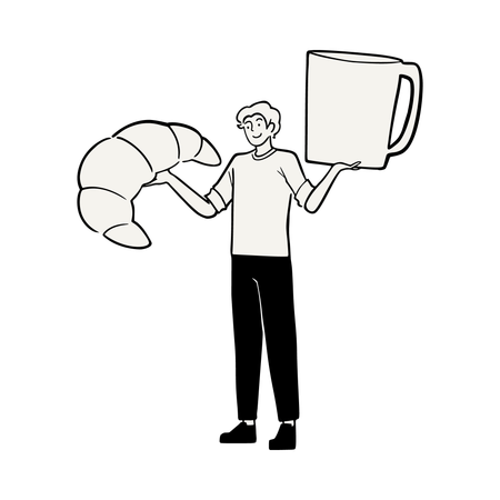 Man with Large Croissant and Coffee  Illustration