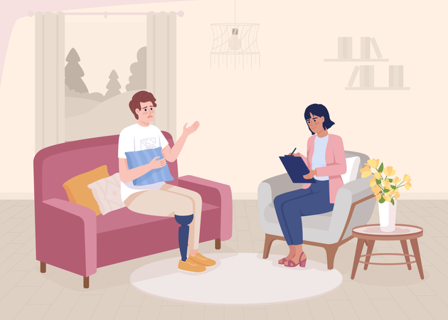 Man with leg prosthesis at psychotherapy Illustration