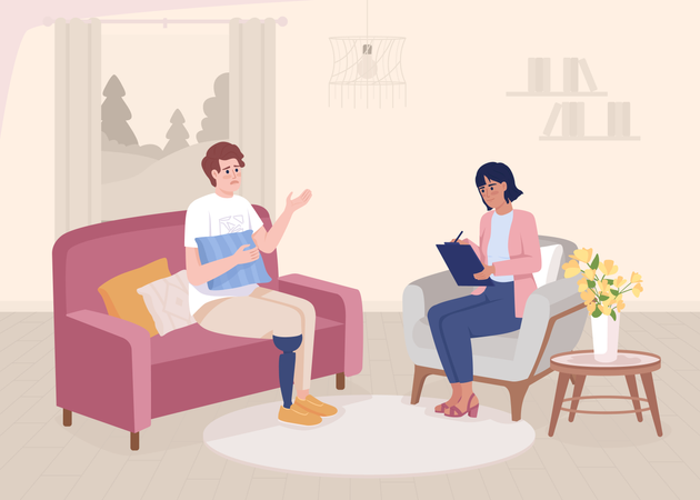 Man with leg prosthesis at psychotherapy  Illustration