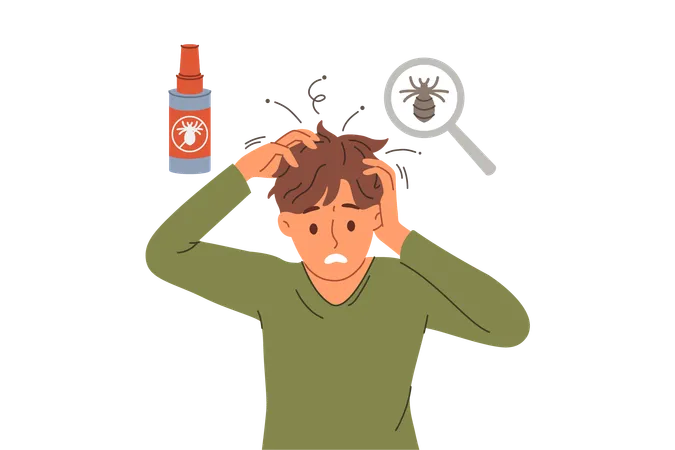 Man with lice in hair experiences discomfort and itching due to parasites needs medical treatment  イラスト