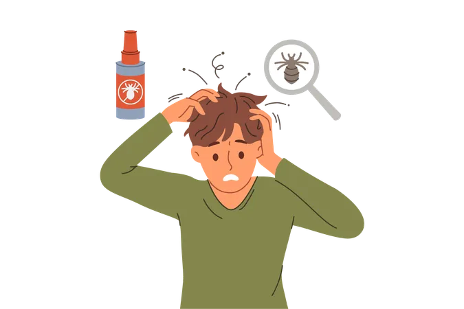 Man with lice in hair experiences discomfort and itching due to parasites needs medical treatment  Illustration