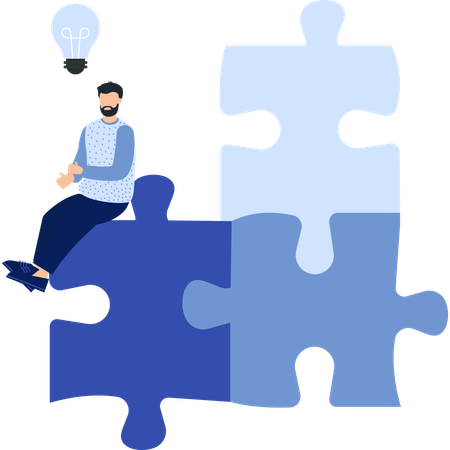 Man with Lightbulb Idea Sitting on Puzzle Pieces Teamwork  Illustration