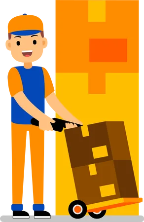 Man with loaded delivery cart Illustration
