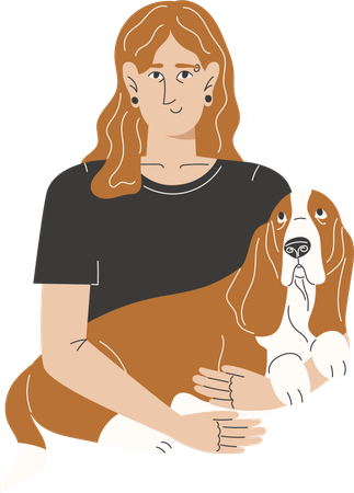 Man with long hair and piercings hugging a basset hound dog  Illustration