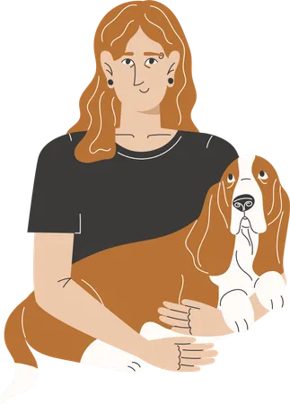 Man with long hair and piercings hugging a basset hound dog  Illustration