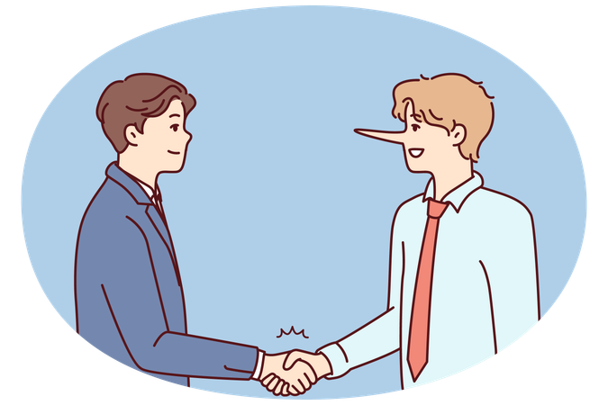 Man with long nose shakes hands with partner trying to cheat  Illustration