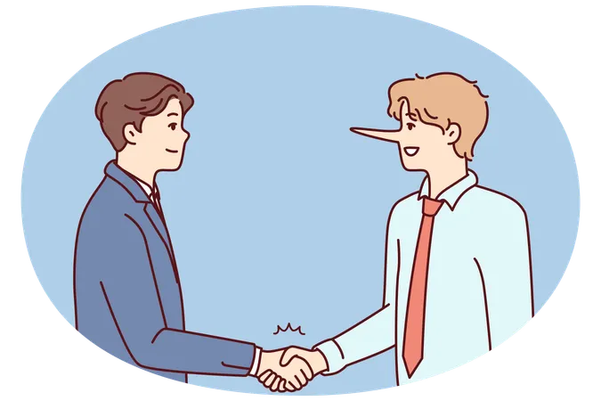 Man with long nose shakes hands with partner trying to cheat  Illustration