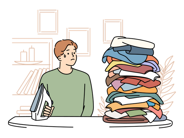 Man with lots of clothes to iron  イラスト