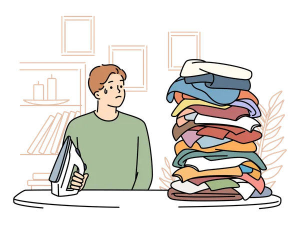 Man with lots of clothes to iron  イラスト