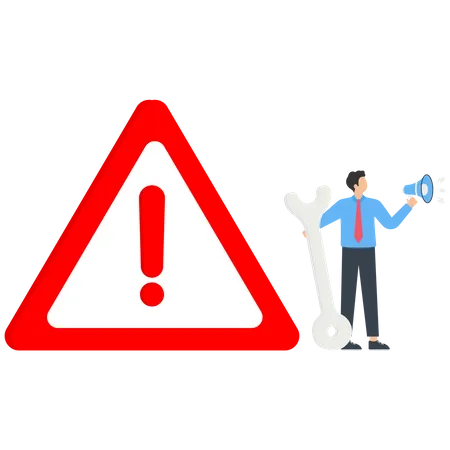 Man with loudspeaker and wrench stands near danger road  Illustration