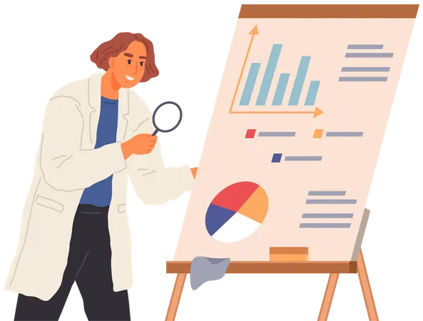 Search For Solutions Scientific Analysis Concept Man Looking At Statistical Chart Scientist Works With Data Analytics And Research Of Statistics Person With Magnifying Glass Analyzes Diagram Illustration