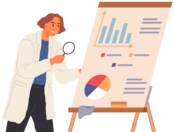 Man with loupe looking at chart  Illustration