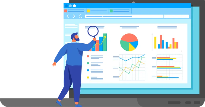 Man with loupe looking for information in text document  Illustration