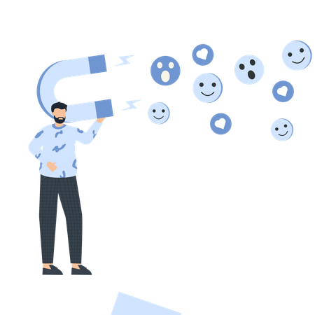 Man with Magnet Attracting Social Media Reactions Hearts and Smiles  Illustration