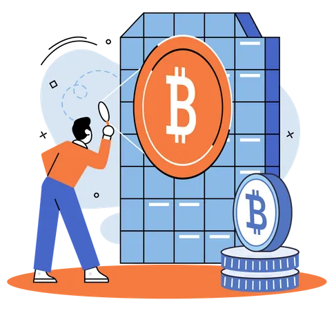 Man with magnifier working in bitcoin mine  Illustration