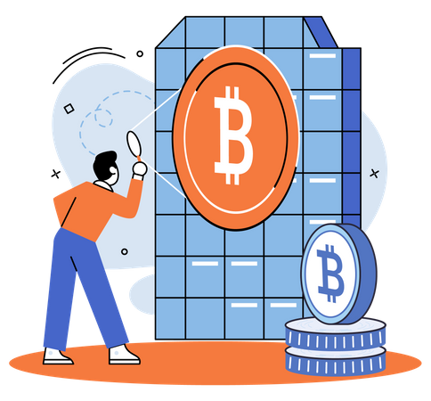 Man with magnifier working in bitcoin mine  Illustration