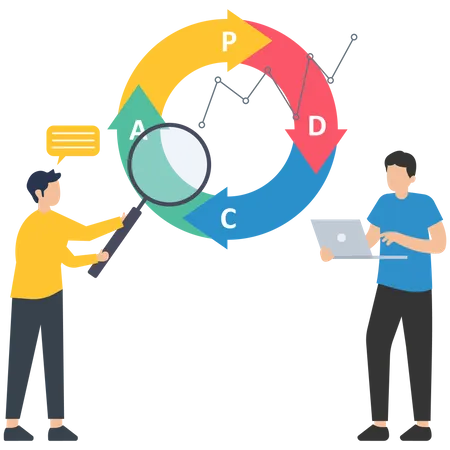 Man with magnifying glass analyzing data  Illustration