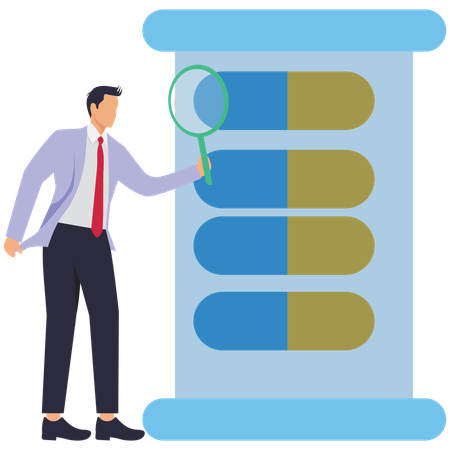 Man with Magnifying Glass doing Pill research  Illustration
