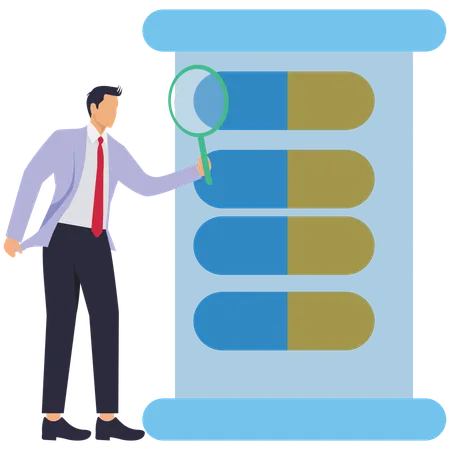 Man with Magnifying Glass doing Pill research  Illustration
