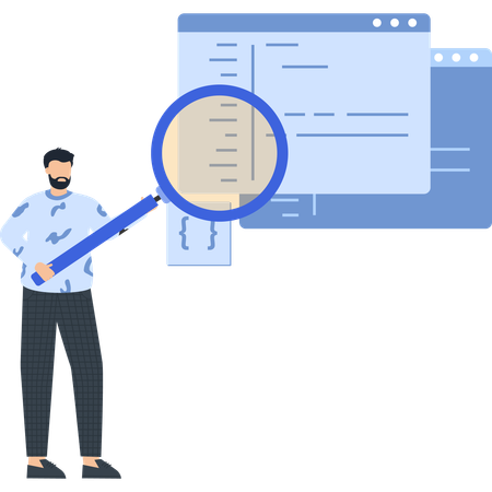 Man with Magnifying Glass Examining Code on Screen  Illustration