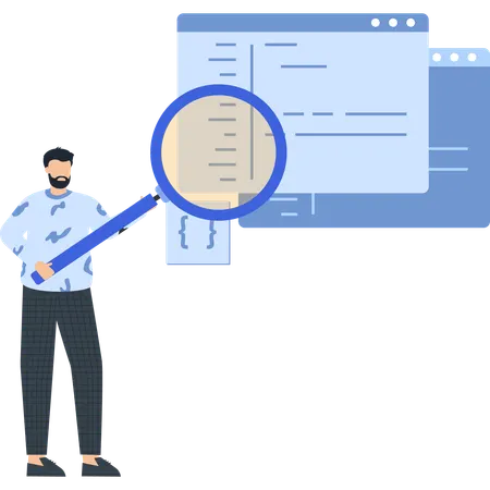 Man with Magnifying Glass Examining Code on Screen  Illustration