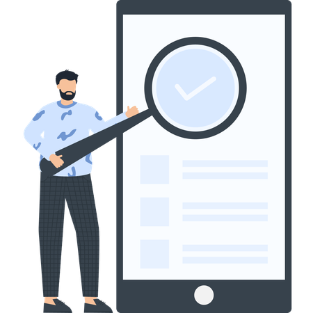 Man with Magnifying Glass Examining Mobile Phone  Illustration