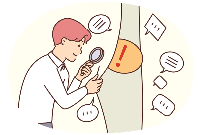 Man with magnifying glass looks at dialog bubbles with FAQ comments in search right solution  Illustration