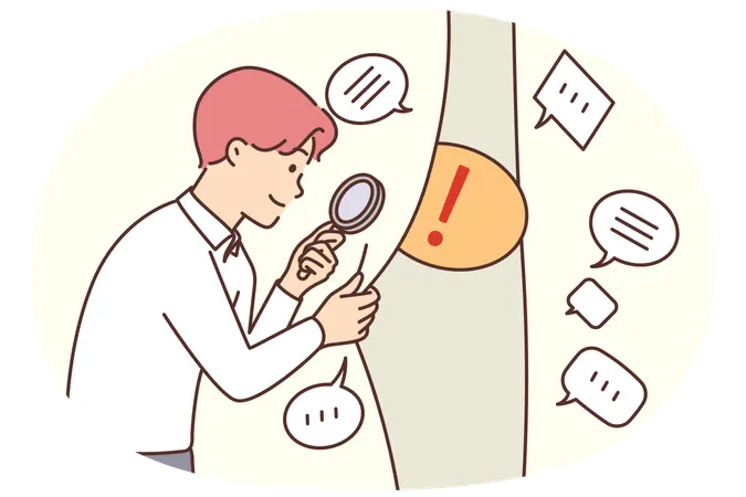 Man with magnifying glass looks at dialog bubbles with FAQ comments in search right solution  Illustration