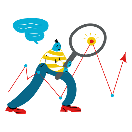 Man with magnifying glass looks at graph Illustration