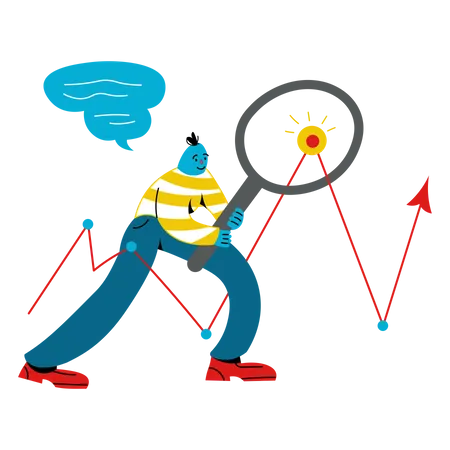 Man with magnifying glass looks at graph  Illustration