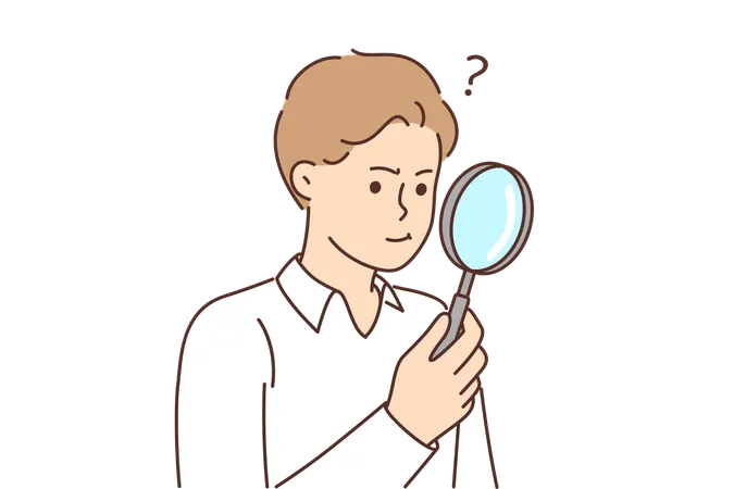 Man With Magnifying Glass Works As Private Detective And Tries To Find Small Clues With Loupe Inquisitive Guy Studies Miniature Objects Under Magnifying Glass Or Looks For Lost Thing Illustration