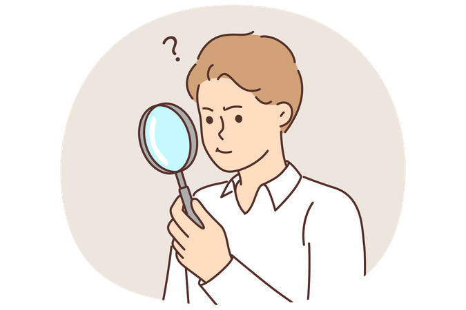 虫眼鏡を持った男が私立探偵として働き、ルーペで小さな手がかりを見つけようとする  イラスト