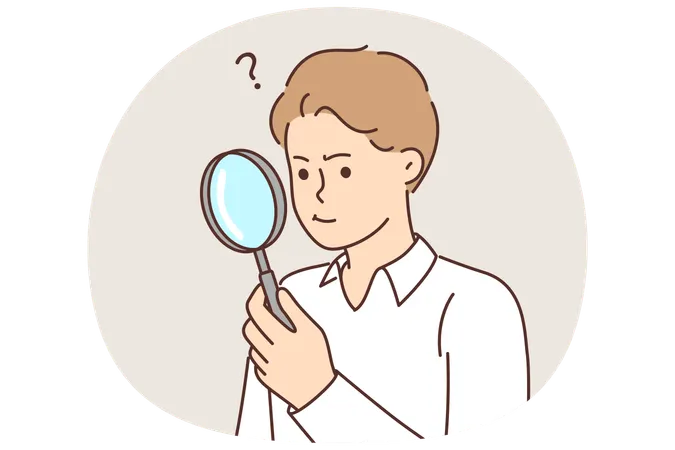 虫眼鏡を持った男が私立探偵として働き、ルーペで小さな手がかりを見つけようとする  イラスト