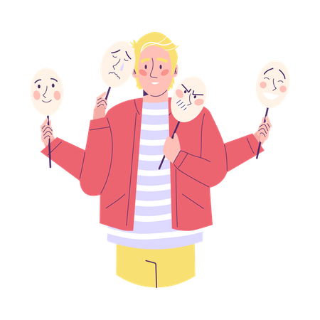 Man with many fake emotions mask  Illustration