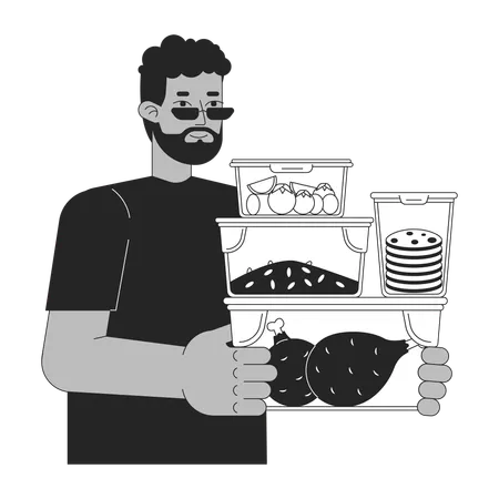 Meal Prepping Black And White Cartoon Flat Illustration Healthy Lifestyle Black Man 2 D Lineart Character Isolated Energy Efficient Cooking Saving Energy At Home Monochrome Vector Outline Image Illustration