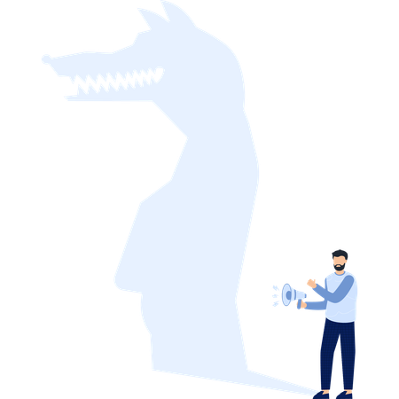 Man with Megaphe Confronting Wolf Silhouette  Illustration