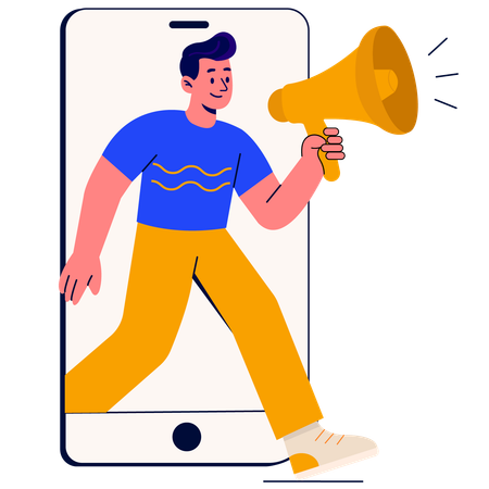 Man with Megaphone Coming Out of Phone  Illustration