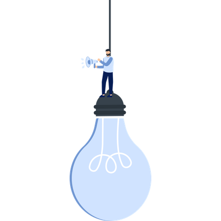 Man with Megaphone on top of Light Bulb Idea and Innovation  Illustration