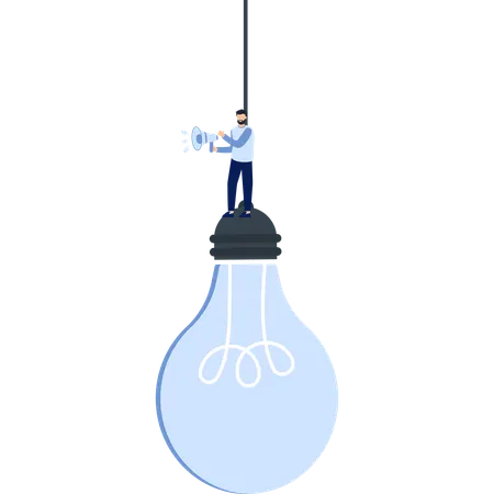 Man with Megaphone on top of Light Bulb Idea and Innovation  Illustration