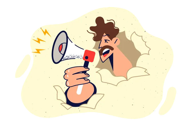 Man With Megaphone Peeks Out Of Hole In Paper And Shouts Calling For Solidarity With Activists Or Protesters Guy Uses Megaphone To Announce Upcoming Event And Invite Guests To Store Openings Illustration