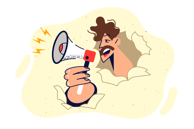Man with megaphone peeks out of hole in paper and shouts calling for solidarity with protesters  Illustration