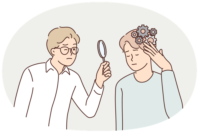Man with mess in head near psychologist using magnifying glass analyzing patient problem  Illustration