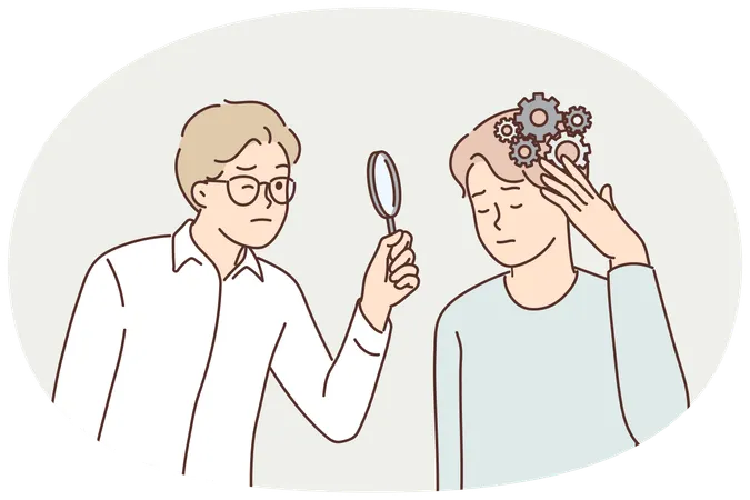 Man with mess in head near psychologist using magnifying glass analyzing patient problem  Illustration