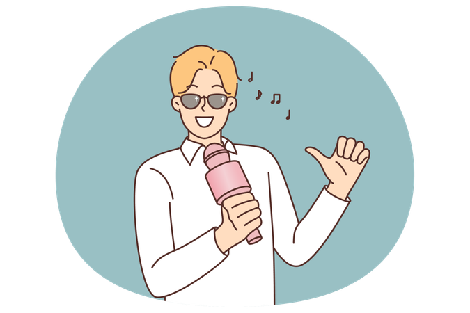 Man with microphone sings in karaoke while performing songs of favorite pop group looks at screen  Illustration