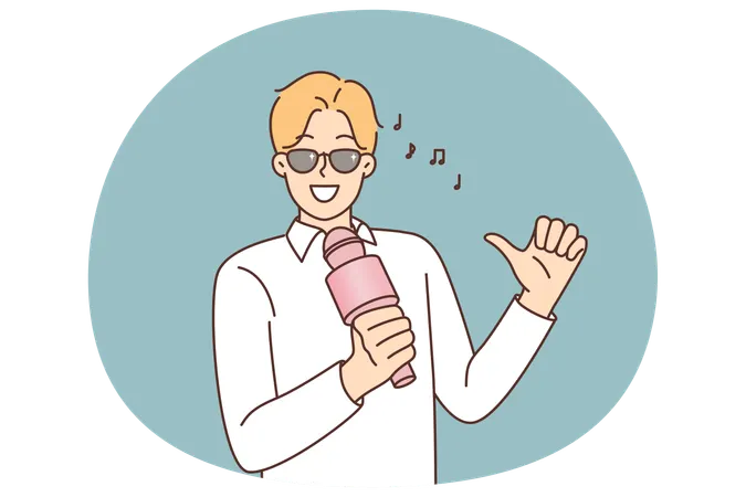 Man with microphone sings in karaoke while performing songs of favorite pop group looks at screen  Illustration