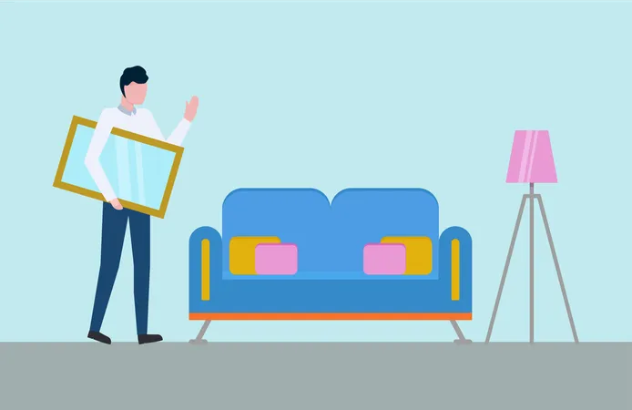 Man With Mirror Or Picture Frame In Hands In Room With Sofa And Lamp On Tripod Vector Couch With Pillows And Cartoon Person Interior Design With Furniture Illustration