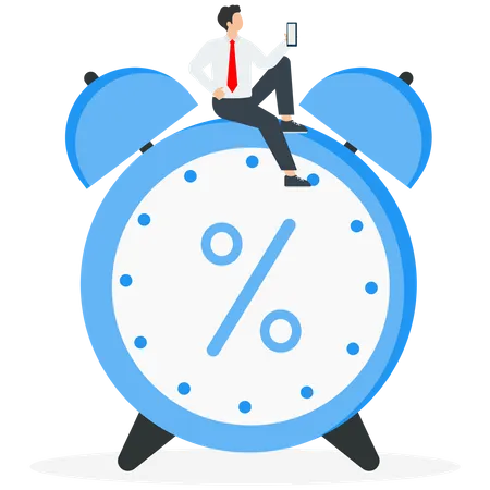 Man with mobile on clock with percent  Illustration